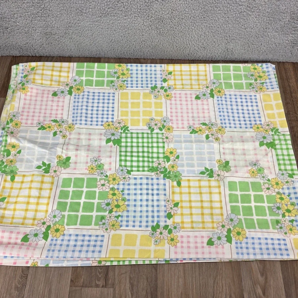 Vintage Cannon Monticello Twin Flat Sheet Pastel Gingham Floral Patchwork Muslin
